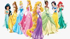 there are many princesses standing together in the same line, all wearing different dresses