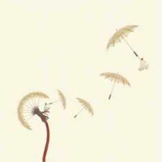 three dandelions flying in the air with one being blown off by the wind