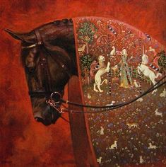 a painting of a horse's head and bridle with an image of the birth of jesus on it