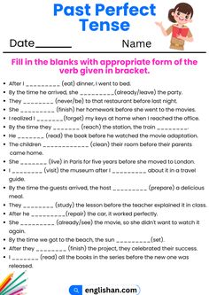 Past Perfect Tense Worksheet Fill in the Blanks with appropriate Form of verb Past Perfect Tense Worksheets, Past Perfect Tense, Past Perfect Worksheets, Past Tense Worksheet With Answers, Past Perfect Tense Sentences, Past Indefinite Tense Worksheet, Perfect Verb Tense, Simple Past Tense Worksheet