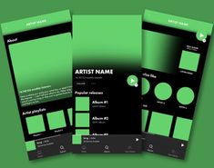 three green brochures with black and white designs on them, all in different colors