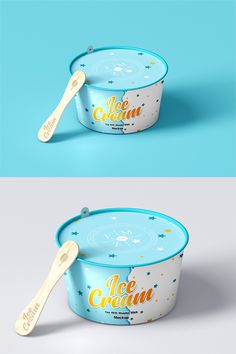 an ice cream container with a wooden spoon in the top and bottom views on blue background