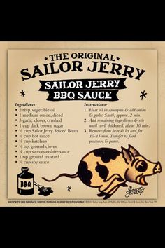 the original sailor jerry bbq sauce is shown in black and white, with an image of a cow on it's side