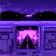 an image of the inside of a vehicle with neon lights and mountains in the background