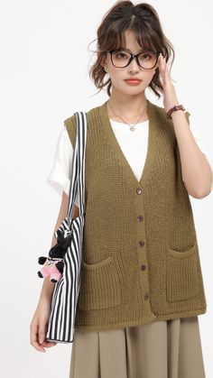 Brown Knitted Lazy Style Vest Brown M Multi Pocket Vest, Fashion Chingu, Lazy Style, Types Of Coats, Style Vest, Green Diamond, Vest Fashion, Vest Outfits, Knit Vest