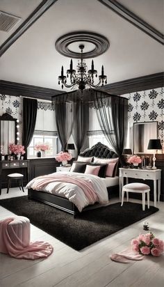 Black Chic Bedroom Decor, Glam Bedroom Decor Pink Black And White, Black Room With White Furniture, Black Color Bedroom Ideas, Rose Pink And Black Bedroom, Black And Pink Room Ideas Bedrooms, Pink White Black Bedroom, Cuartos Dark, Black White And Pink Bedroom