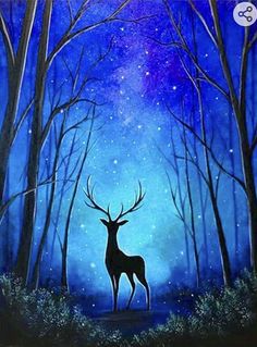 a painting of a deer standing in the middle of a forest with trees and stars