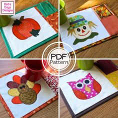 four different pictures of pumpkins and owls on placemats