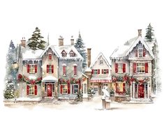 a watercolor painting of a house with red shutters and christmas decorations on the windows