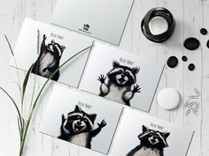 four raccoon cards with black and white ink on them next to some plants