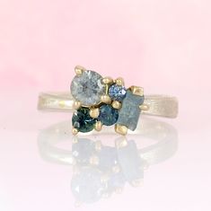 The Cassy Ring - Aquamarine and sapphire cluster ring in textured gold Unique One-of-a-kind Sapphire Ring For Anniversary, Sapphire Cluster Ring, Raw Aquamarine, Organic Rings, Nature Inspired Jewelry, Raw Gemstones, Gold Texture, Cluster Ring, Silver Band