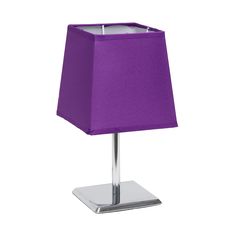 a purple lamp on a metal base with a square shade in the center and bottom