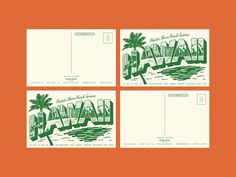 three postcards with the word hawaii on them