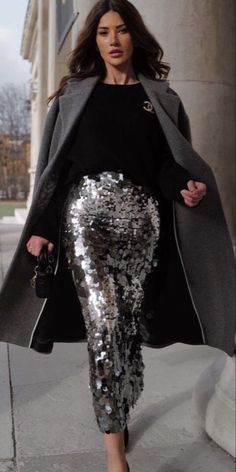 Sequin Jacket Tulle Skirt, Black Sequin Skirt Boots, Skirts For Cocktail Party, Winter Party Skirt, Cheap Glamorous Skirt For Party Season, Sequin Skirt And Western Boots, High Waisted Sequin Skirt, Sparkle Skirt Long, Silver Sequin Skirt Green Top