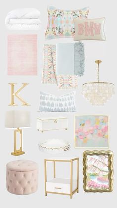 a collage of pink, white and gold items