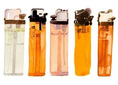 three lighters are lined up next to each other in different colors and sizes,