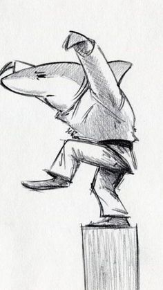 a pencil drawing of a man riding a skateboard on top of a wooden block