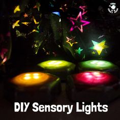 the words easy sensory light play are lit up with colorful lights and stars on them