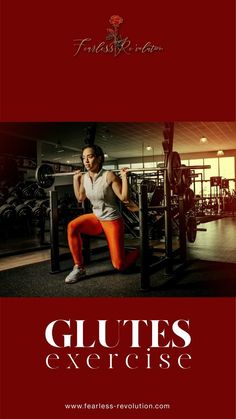 a woman is squatting on a bench with the words, glutes exercise