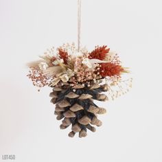 Pine cone ornament with a mix of orange, cream and white dried flowers, grasses and baby's breath. With a yarn loop for hanging.   Approximately 3" x 3 1/2" Dried Orange Christmas Ornaments, Dried Floral Ornaments, Dried Flower Ornament, Dried Flower Christmas Ornaments, Dried Flower Ornaments, Orange Dried Flowers, Pine Cone Ornament, Pine Cone Christmas, Flower Projects