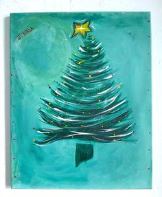 a painting of a christmas tree with stars on it's top and green background