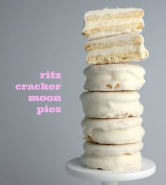 a stack of four doughnuts sitting on top of each other with the words fitz cracker moon pies above them