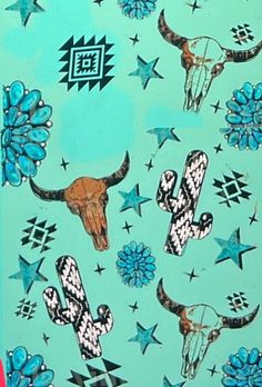 a painting of longhorn steers and snowflakes on blue background with stars