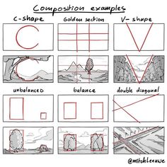 the steps in how to draw a landscape with different lines and shapes for each section