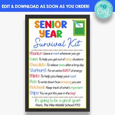 a printable poster with the words freshman year survival kit in rainbows and black