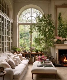 a living room filled with furniture and a fire place in front of a large window