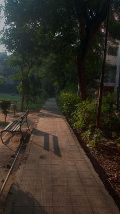 an empty park bench sitting on the side of a road next to trees and bushes