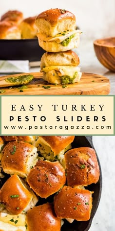 easy turkey pesto sliders in a cast iron skillet with text overlay