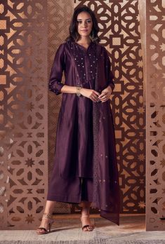 Charkhee-Choco Chanderi Kurta Set-INDIASPOPUP.COM Chanderi Kurta Designs, One Shoulder Drape Dress, Kurta And Dupatta, Velvet Kurta, Pleated Neck, Blouse Yoke, Navy Blue Print, Palazzo Set, Cotton Dupatta