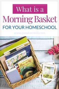 What is a morning basket? Morning basket ideas. Maybe you have heard about this homeschool morning basket and are wondering what it is and why you would want one? In this post, Pam Barnhill, host of the Your Morning Basket podcast and author of the definitive book on morning basket ideas breaks down the four parts of typical baskets and give ideas for moms on how to do baskets with everyone from toddlers to high schoolers. Homeschool Basket, Morning Basket Homeschool, Homeschool Morning Basket, Morning Baskets, Book Basket, Morning Basket, Homeschooling Tips