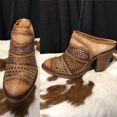 I Love These Shoes/Boots! Great For Flying! Easy On And Off In Security Lines! Cool “Ventilated” Style. Awesome Laced Decorations. Handcrafted Leather Boots. Run True To Size. If Your Foot Runs A Bit Big Go Up A Half Size. Western Leather Mules With Pointed Toe, Western Style Leather Mules With Pointed Toe, Western Leather Mules For Fall, Brown Reinforced Heel Mules For Fall, Western Closed Toe Mules For Fall, Western Style Closed Toe Mules For Fall, Western Brown Heels With Stacked Heel, Western Brown Ankle Boot Heels, Brown Western Ankle Boot Heels