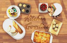 a wooden table topped with lots of different types of food and words that read kitchen gourmets