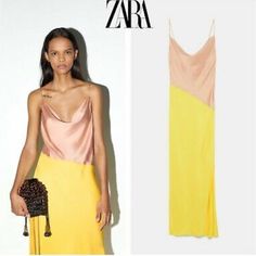 Gorgeous Dress Nwot Yellow & Rose Gold Spring Evening Yellow Slip Dress, Pink Slip Dress For Spring Cocktail, Pink Zara Slip Dress For Spring, Zara Pink Slip Dress For Spring, Yellow Roses, Yellow Rose, Zara Dresses, Gold Yellow, Gorgeous Dresses