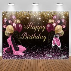 a birthday card with high heel shoes and balloons