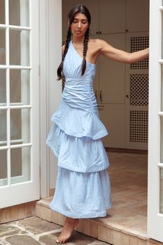 Kenny One Shoulder Tiered Maxi Dress Solid Blue by Selfie Leslie Blue Tiered Dress, Pink Dress Shoes, Brunch Dress, Veil Hairstyles, Party Inspo, Lake Wedding, Bridesmaids Dress, Dress Inspo, Layered Design