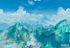 an animated landscape with mountains and clouds in the background