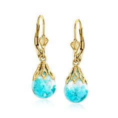 Ross-Simons - Floating Turquoise Drop Earrings in 14kt Yellow Gold. Heads will turn when you wear these breathtaking treasures! Here, delicate 8mm handblown glass beads hold free-form Sleeping Beauty turquoise and are set in polished 14kt yellow gold. Hanging length is 1 1/8". These drop earrings will be the perfect complement to your elegant evening wear! Leverback, floating turquoise drop earrings. Elegant Evening Wear, Turquoise Drop Earrings, Fine Jewelery, Sleeping Beauty Turquoise, The Authority, Fine Jewellery Earrings, Stone Cuts, Turquoise Earrings, Blue Turquoise