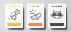 three cards with different types of animals and text that says escape rope, bear trap, raccoon