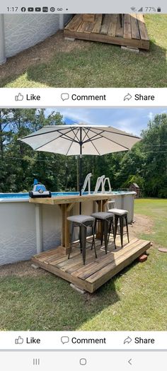 an outdoor bar made out of pallets and wooden planks is shown in three different ways