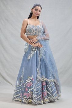 Grey attached cancan lehenga with all over flower vine, sequin, beads embroidery. Paired with a padded blouse with beads, stone embroidery and dupatta. - Aza Fashions Blouse With Beads, All Over Flower, Cancan Lehenga, Long Skirt And Top, Stone Embroidery, Lehenga Pattern, Net Embroidery, Neck Flower, Lehenga Designs Simple