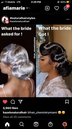 an instagram page with two pictures of the same woman in wedding dresses and hair accessories