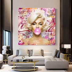 a living room filled with furniture and a pink bubble in the middle of it's mouth