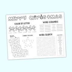 a christmas activity sheet with the word search on it and an image of a crossword puzzle