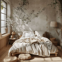 an unmade bed in a bedroom with plants on the wall