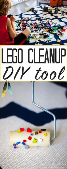 a child playing with legos on the floor in front of a sign that says, lego cleanup diy tool