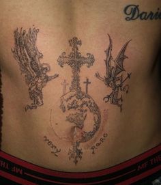 a man with tattoos on his stomach has a cross and an angel tattoo on his back